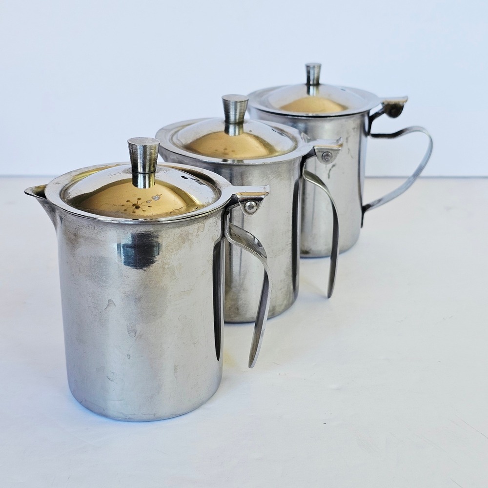 Vintage Stainless Steel Individual Creamers Set 3 Japan MCM Mid Century Modern